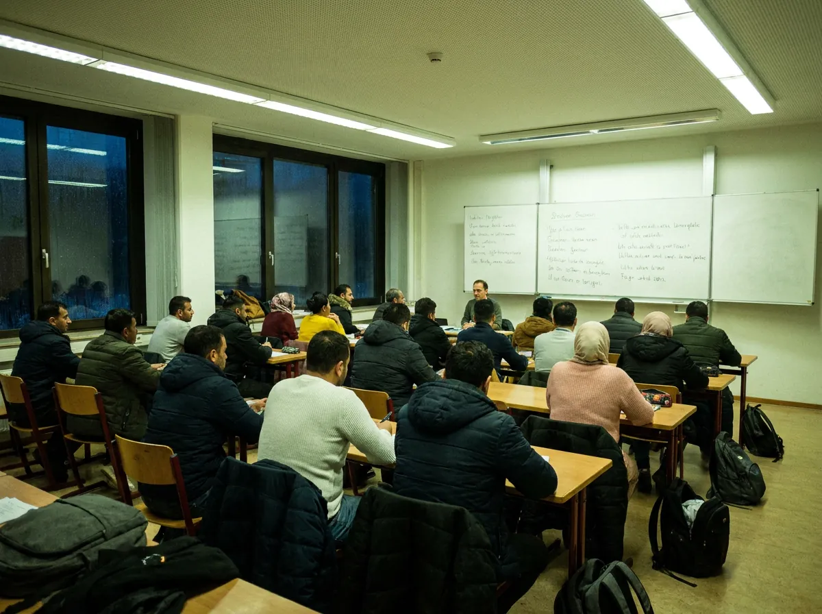 Abendlicher Deutschkurs mit rund zwanzig Erwachsenen, von hinten fotografiert, vorne ein Lehrer an der Tafel