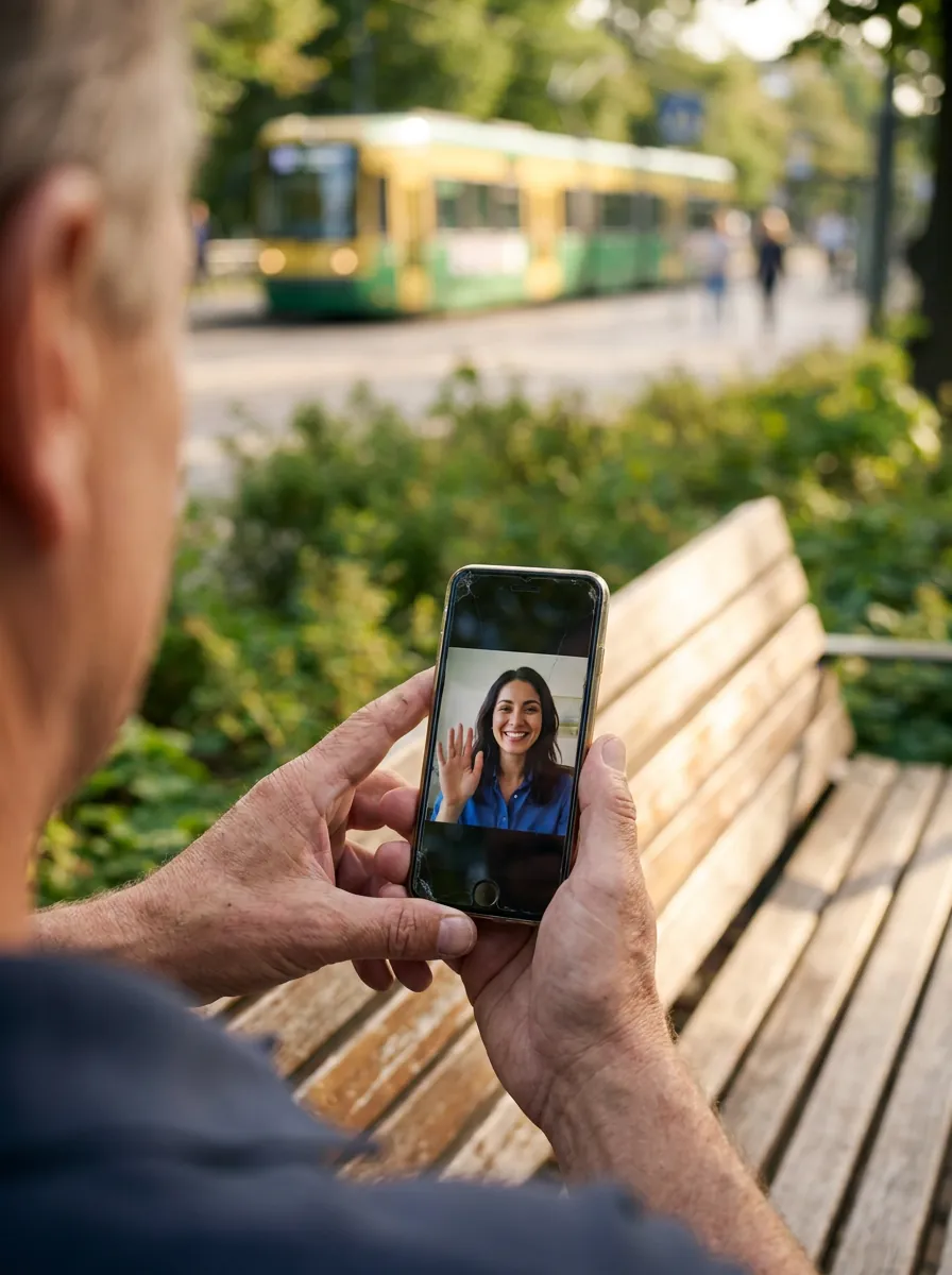 Hände halten auf einer Parkbank ein Smartphone mit einem Videogespräch, auf dem eine Tutorin winkt, im Hintergrund eine Straßenbahn