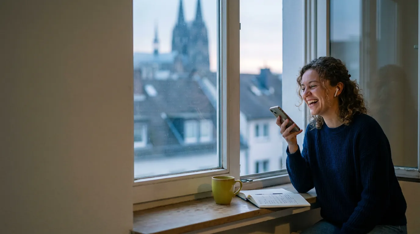 Junge Frau mit Kopfhörern sitzt am Fenster einer Kölner Altbauwohnung und lacht während eines Videoanrufs auf dem Smartphone