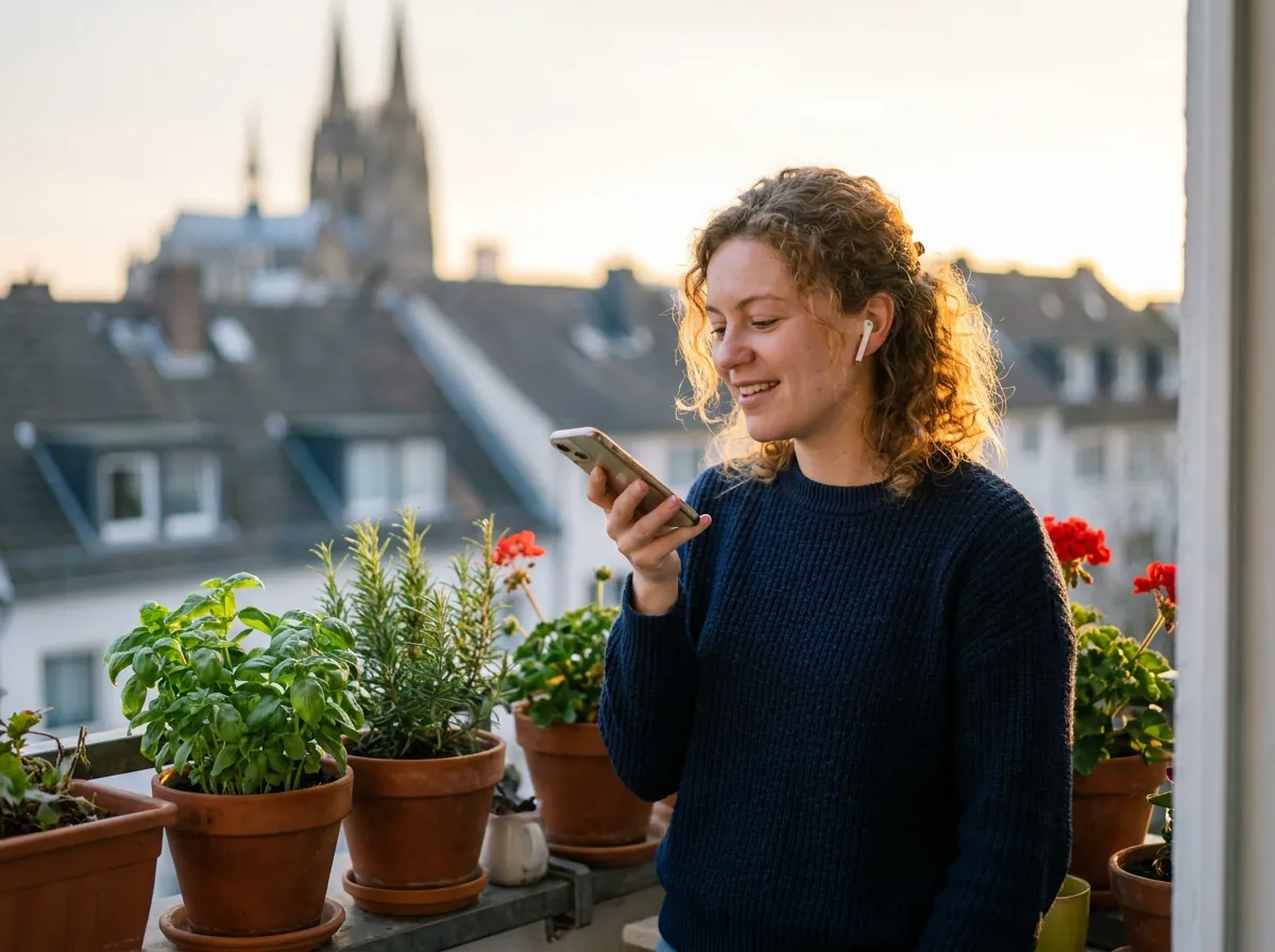 Die junge Frau steht mit Kopfhörern auf einem Balkon mit Kräutern und telefoniert entspannt per Smartphone
